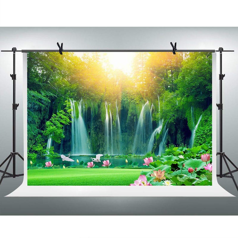 FHZON 10x7ft Waterfall Backgrounds for Photography Green Trees Forest Lotus Lake Sunshine Backdrop Travel Picture Wallpaper Decoration Photo Booth Video Prop TMFH021 - Image 2